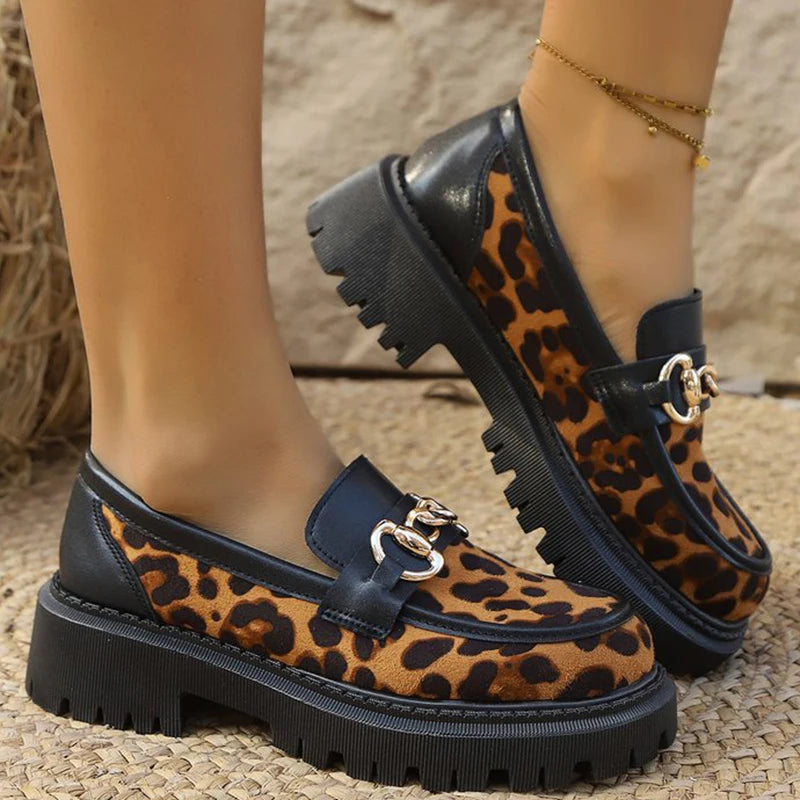 Shoes for Women Fashion Retro Suede Leopard Loafers Metal Decoration Round Toe Women's Loafers Casual Chunky Platform Shoes Lady - Acros