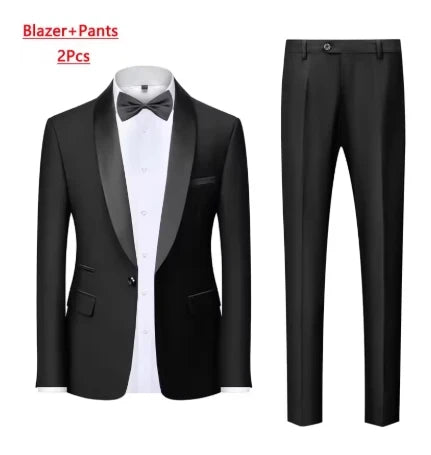Black men's autumn wedding suit featuring blazer, vest, and pants in a slim fit, stylish three-piece set by Ansoff.