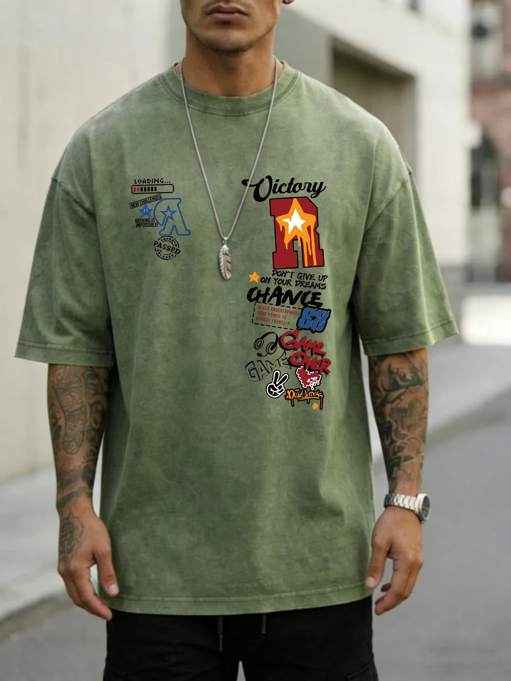 Men's cotton oversized sports letter jersey prints washed T-shirt with short sleeves and O-neck, casual summer top by Ansoff.