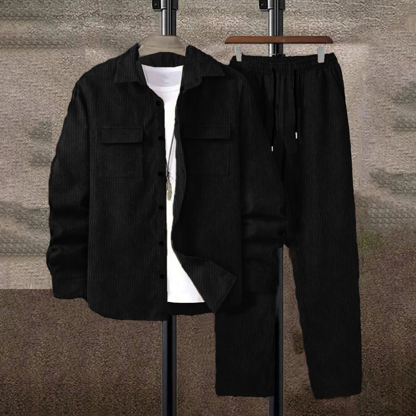 Men's solid color corduroy suit by Ansoff, featuring a long sleeve shirt and matching pants for casual and stylish wear.