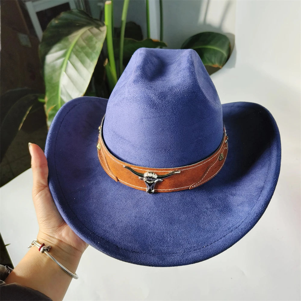 Ansoff custom cowboy hat for women and men, denim rancher style with suede details, unisex cattleman hat, retro cowboy design.