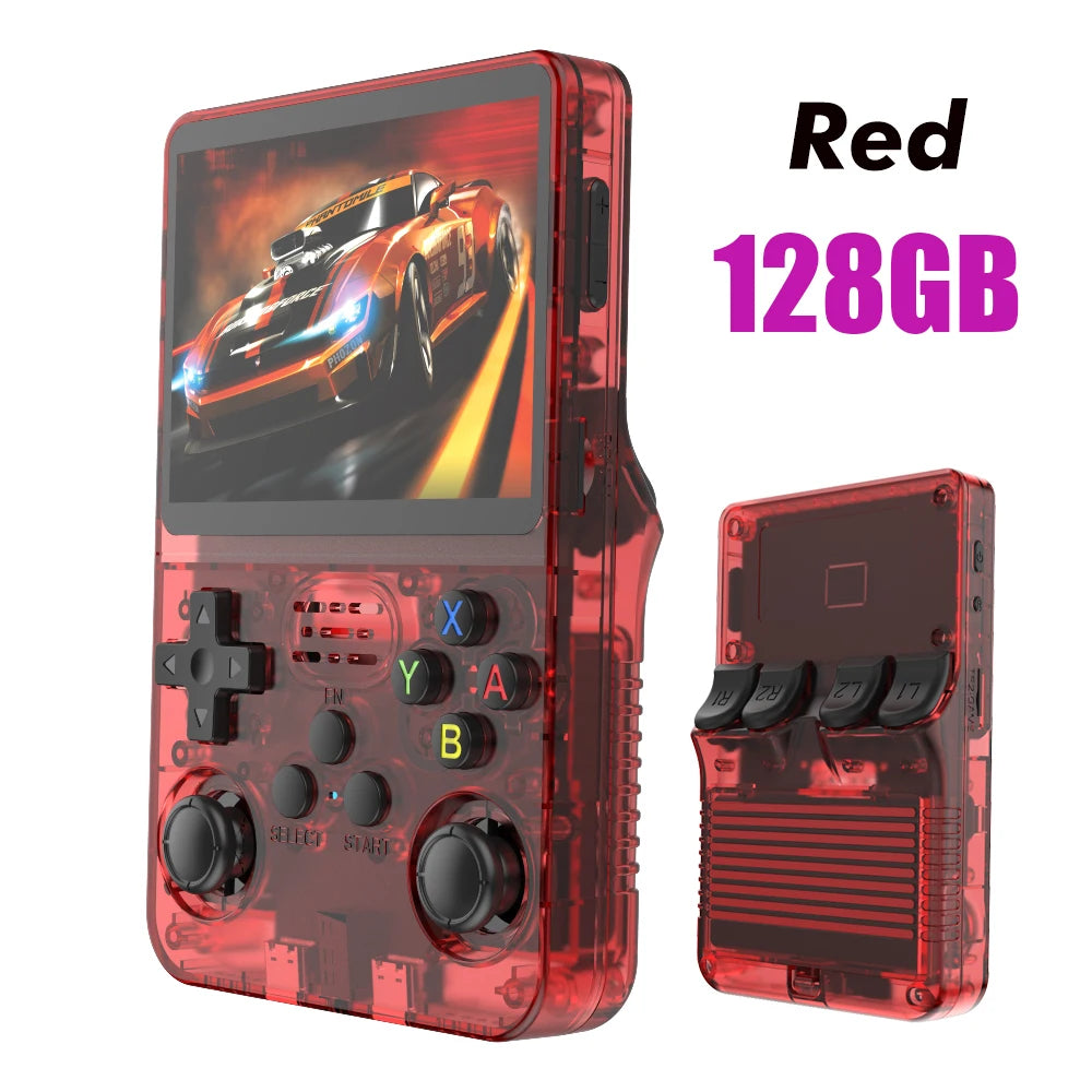 Ansoff 128G R36S retro handheld video game console with 3.5-inch IPS screen, portable design, and built-in 64GB game storage.