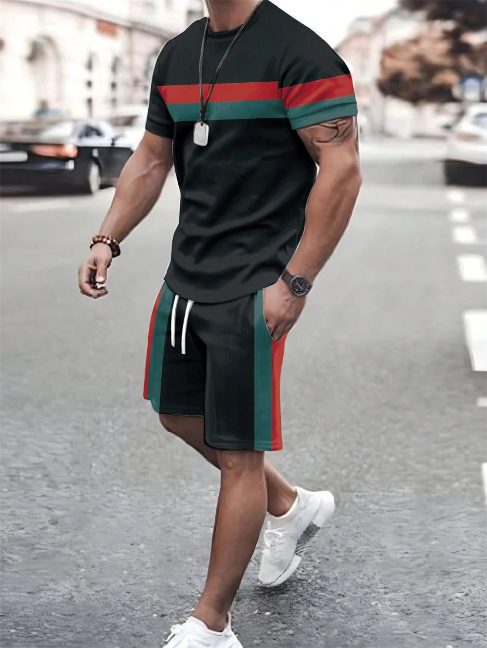 Men's summer suit set by Ansoff, featuring a stylish print T-shirt, casual shorts, and a sporty, relaxed fit.