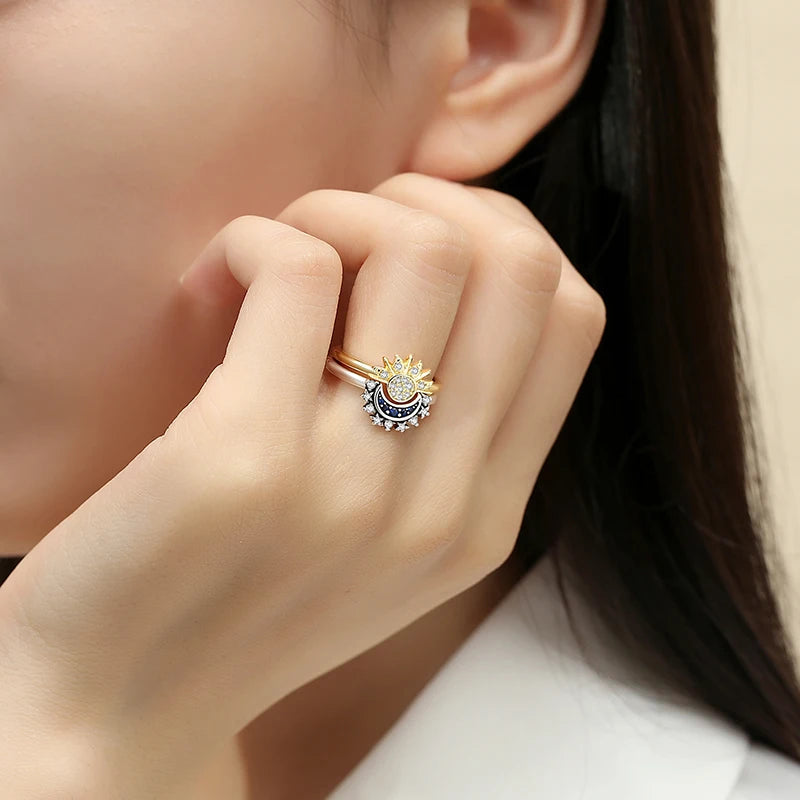 Sterling silver crown love heart wishbone engagement ring with rose gold accents and crystal details, elegant jewelry for women.