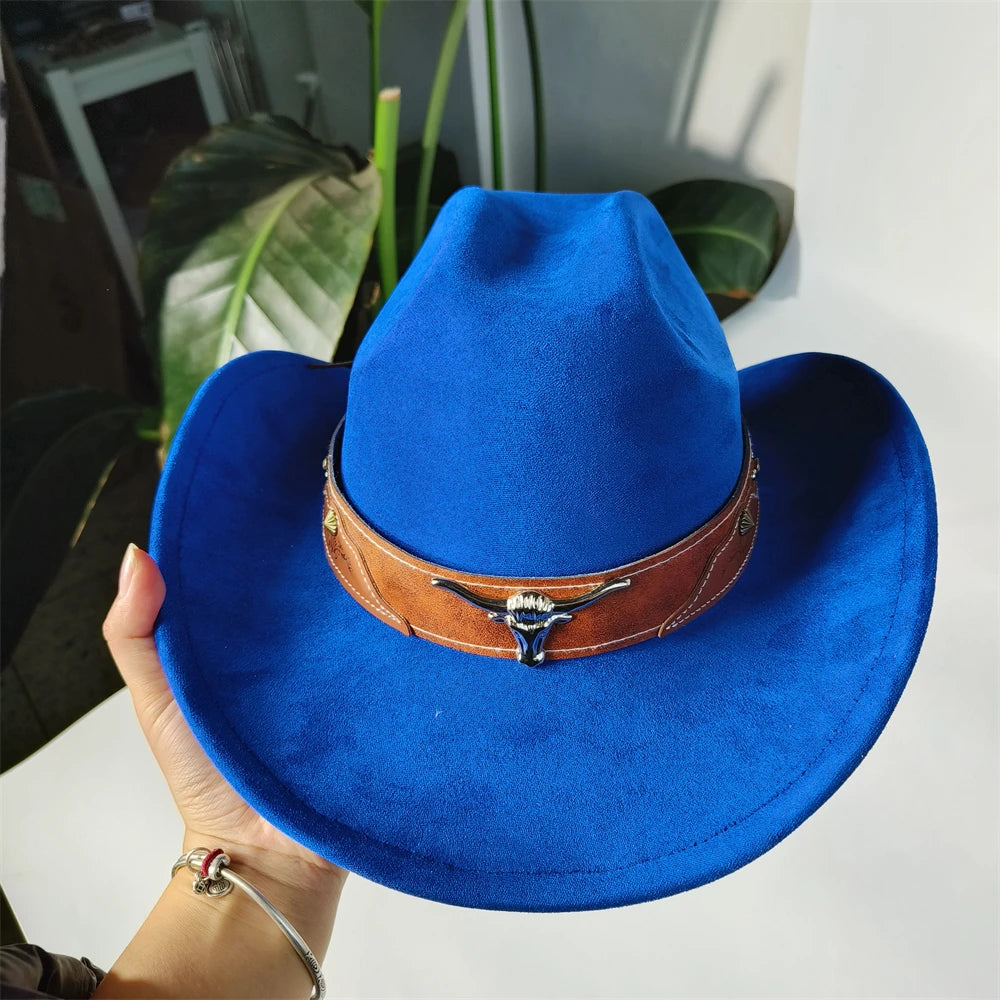 Unisex denim cowboy hat with cattleman style, suede rancher hat for women and men, featuring retro design and wide brim.