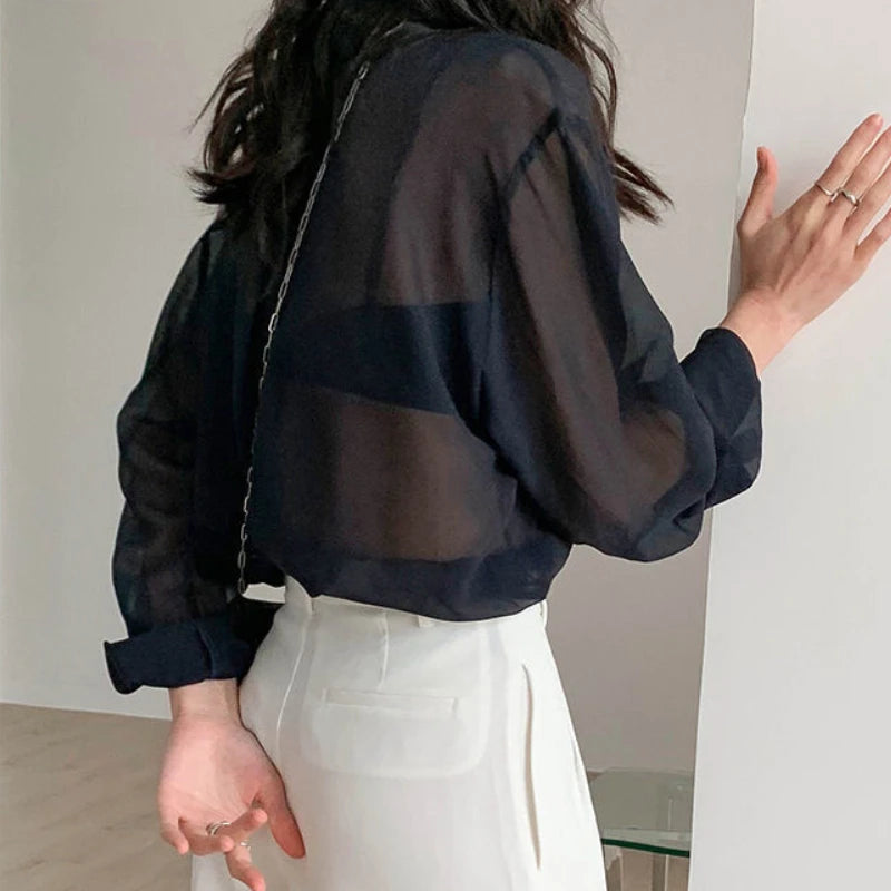 Women’s sheer sun-proof summer shirt by Ansoff, elegant long sleeve outerwear with turn-down collar and simple solid design.