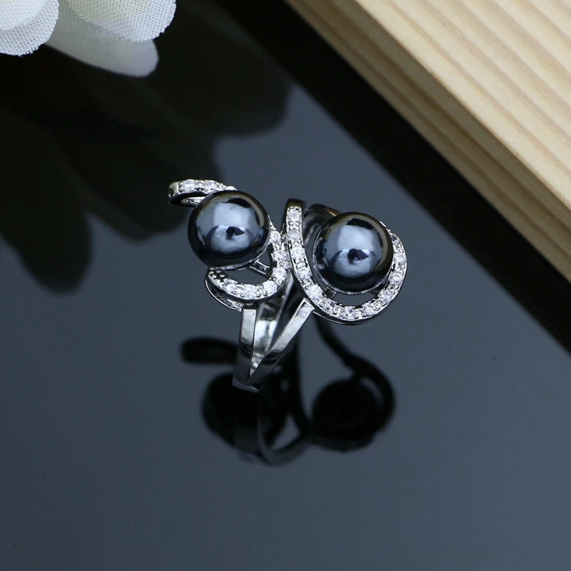 Black Pearl Silver 925 Jewelry Sets for Women Pearl Charm Bracelet Earrings Ring Necklace Sets for Wedding Party Birthday Gift