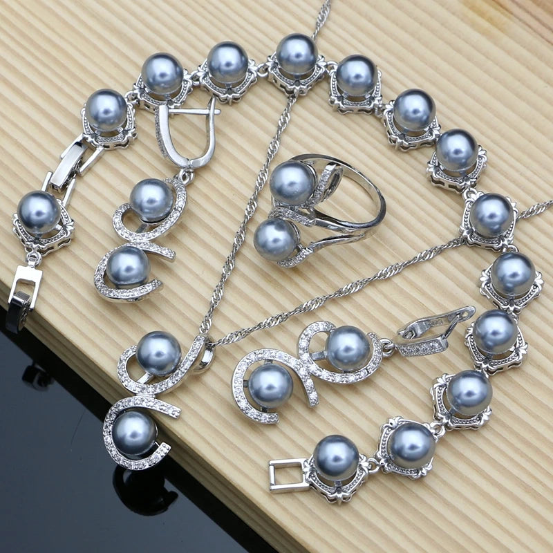 Black Pearl Silver 925 Jewelry Sets for Women Pearl Charm Bracelet Earrings Ring Necklace Sets for Wedding Party Birthday Gift