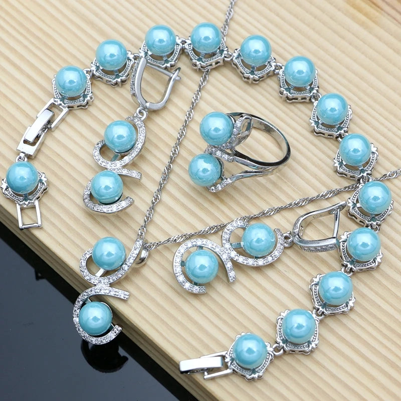 Black Pearl Silver 925 Jewelry Sets for Women Pearl Charm Bracelet Earrings Ring Necklace Sets for Wedding Party Birthday Gift