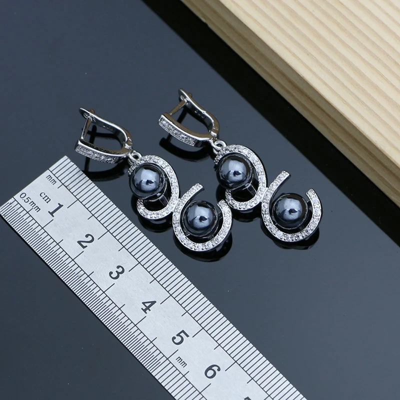 Black Pearl Silver 925 Jewelry Sets for Women Pearl Charm Bracelet Earrings Ring Necklace Sets for Wedding Party Birthday Gift