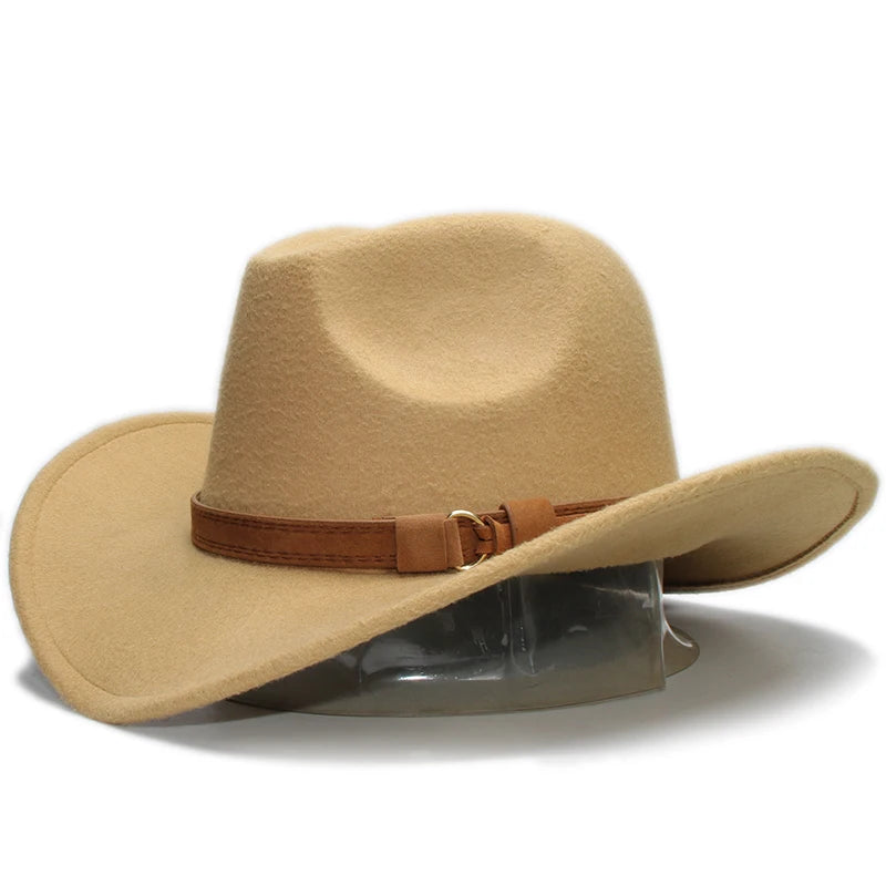 Vintage cowboy wide brim hat for women and men with camel leather band, suitable for kids, featuring classic western style.