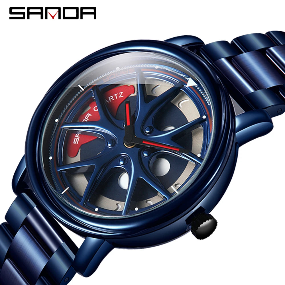 Men Watch Car Wheel Rim Hub Dial Male Wristwatch Skeleton Man Black Waterproof Watches Stainless Steel Quartz Relogio Masculino - Acros