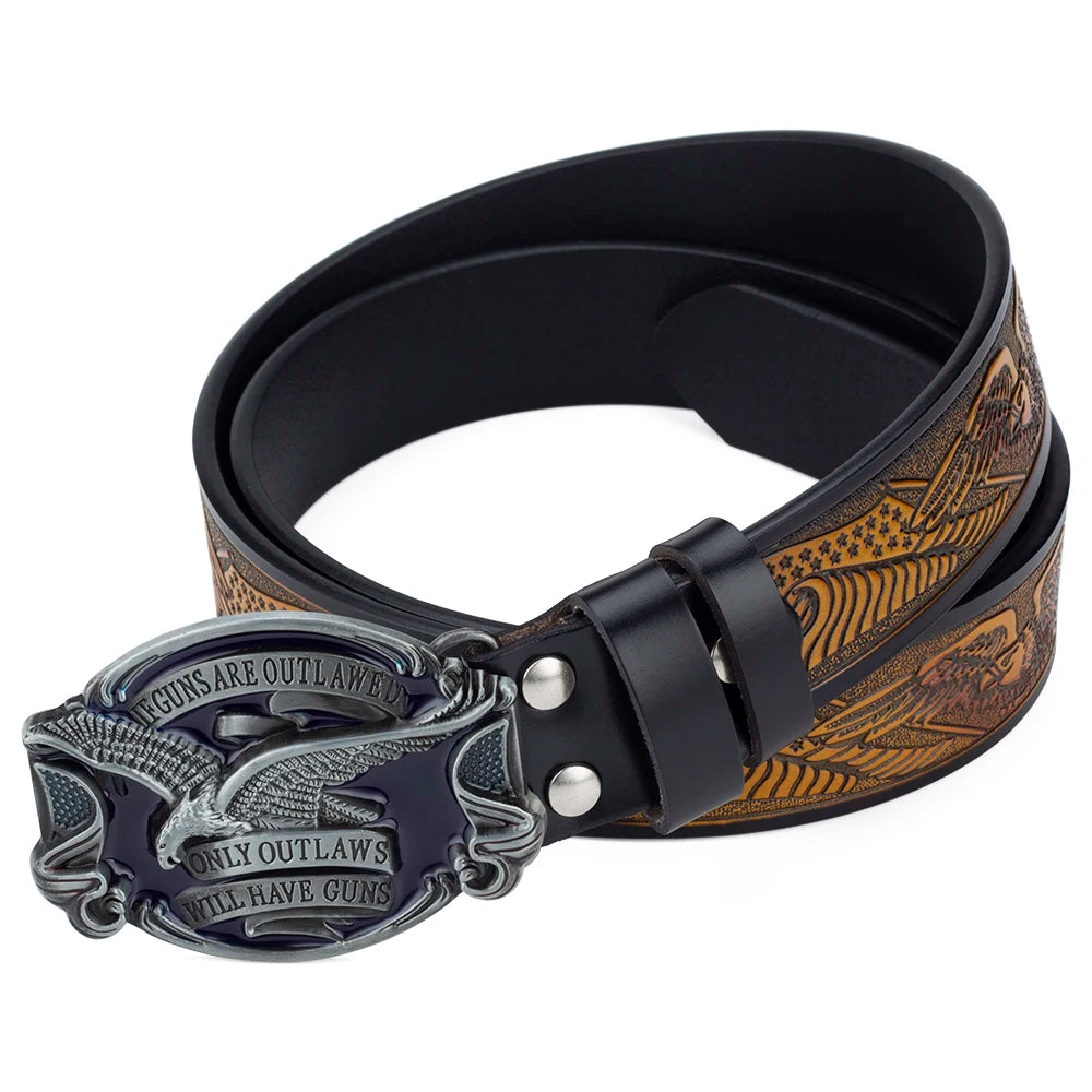 Will Have Guns American Eagle Buckle Fahsion Leather Belt Embossing for Men Cowboy