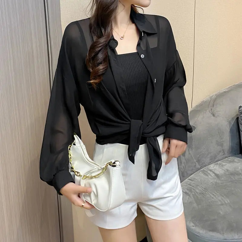 Women’s sheer sun-proof summer shirt by Ansoff, elegant long sleeve outerwear with turn-down collar and solid, all-match design.