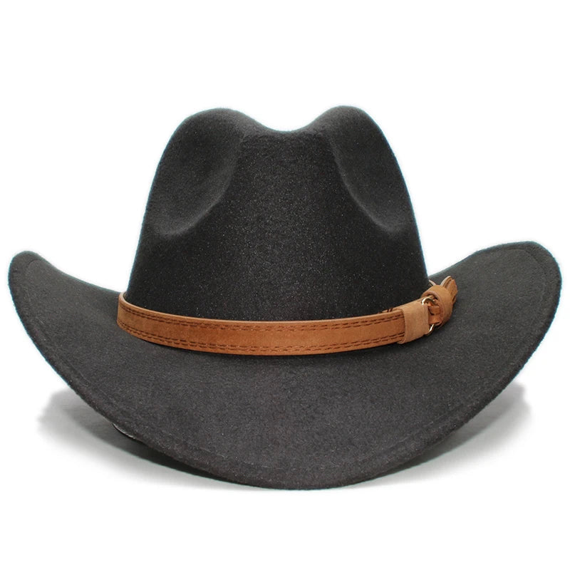 Vintage cowboy wide brim hat by Ansoff with camel leather band, suitable for women, men, and kids, size 54-61cm.
