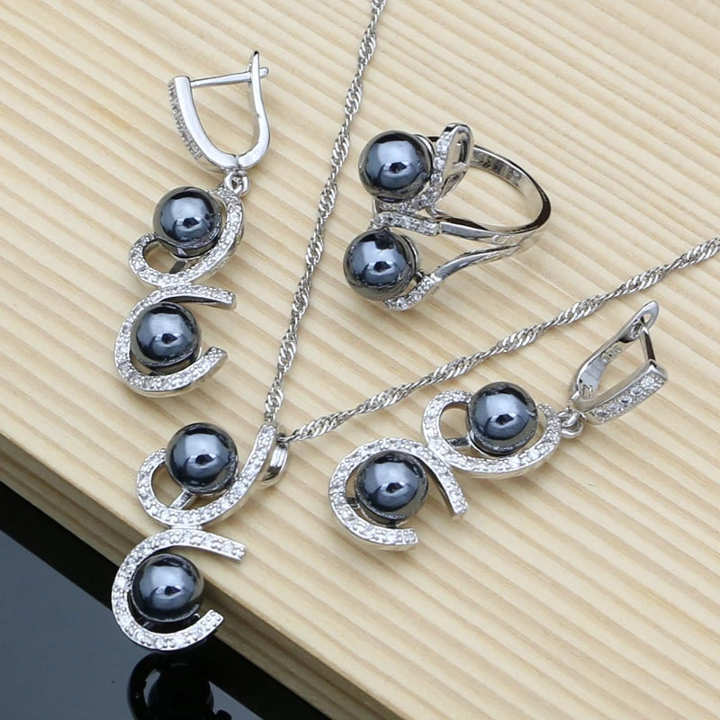 Black Pearl Silver 925 Jewelry Sets for Women Pearl Charm Bracelet Earrings Ring Necklace Sets for Wedding Party Birthday Gift