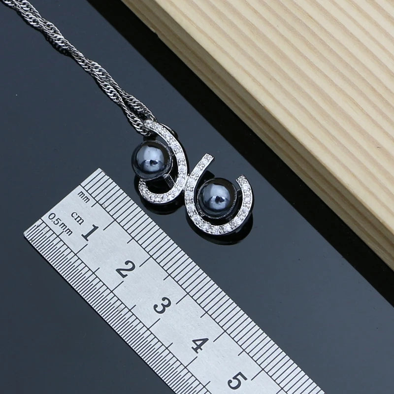 Black Pearl Silver 925 Jewelry Sets for Women Pearl Charm Bracelet Earrings Ring Necklace Sets for Wedding Party Birthday Gift