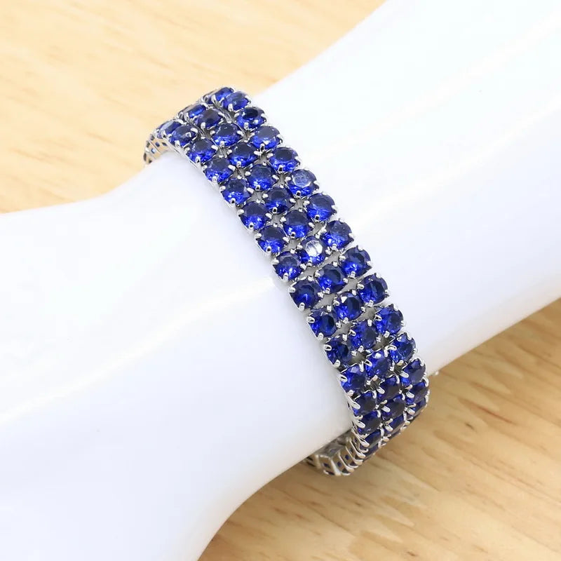 Silver Color Bridal Jewelry Sets For Women Round Dark Blue Crystal Bracelet Stud Earrings Necklace Pendant Rings Free Gift Box
