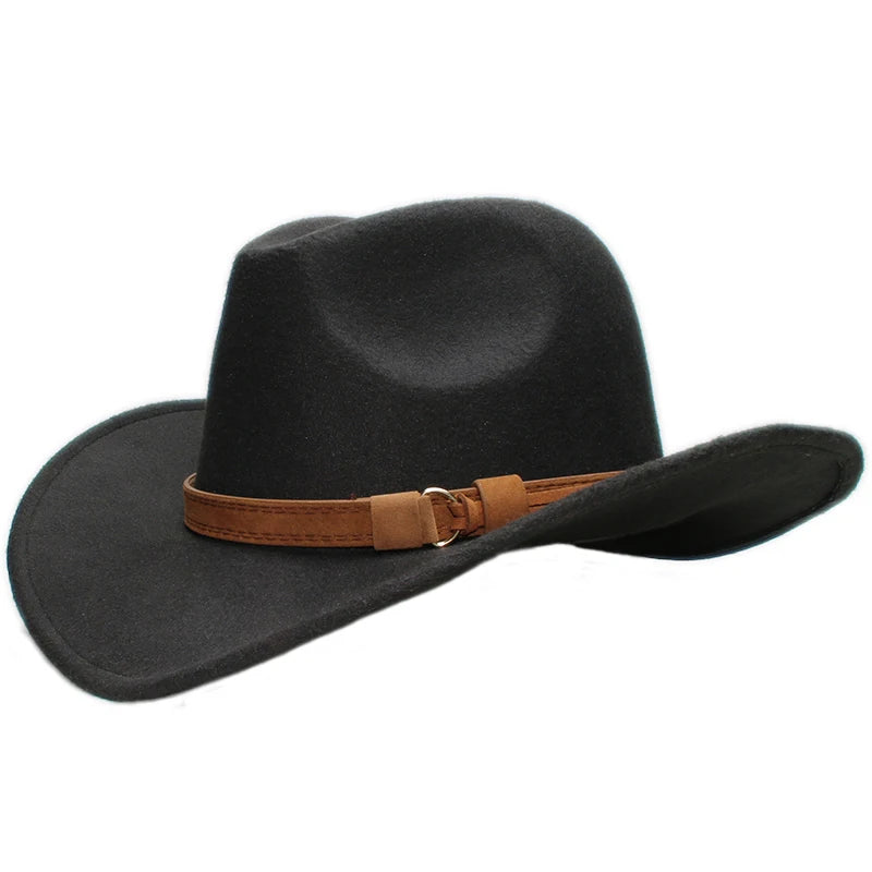 Ansoff vintage cowboy hat with wide brim, camel leather band, suitable for women, men, and kids, size 54-61cm.