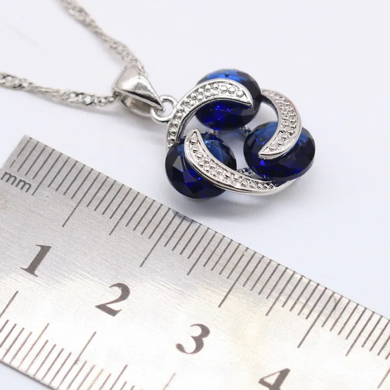 Silver Color Bridal Jewelry Sets For Women Round Dark Blue Crystal Bracelet Stud Earrings Necklace Pendant Rings Free Gift Box
