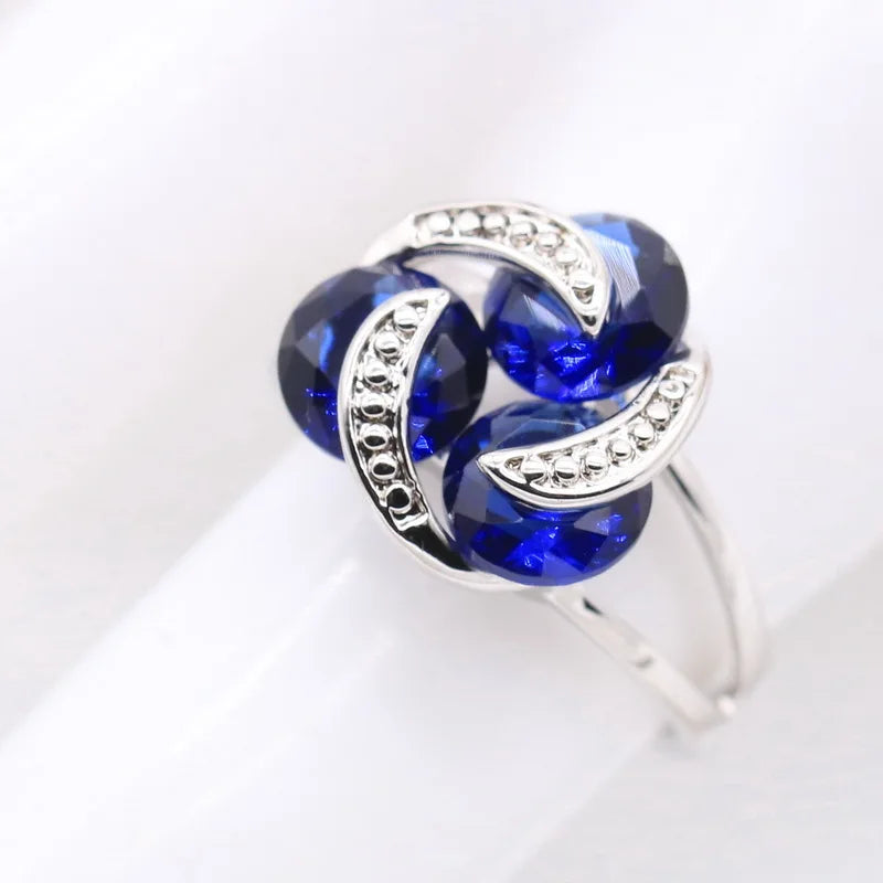 Silver Color Bridal Jewelry Sets For Women Round Dark Blue Crystal Bracelet Stud Earrings Necklace Pendant Rings Free Gift Box