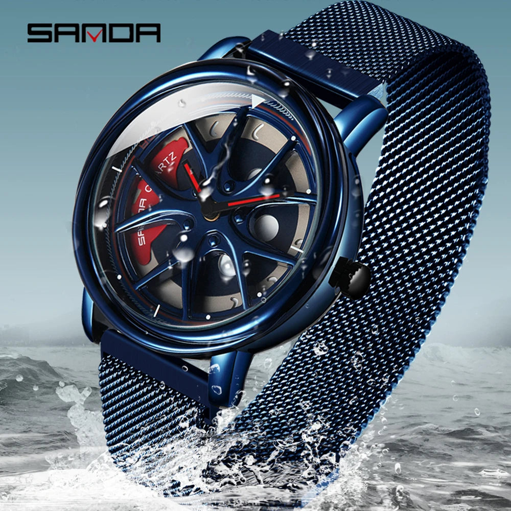 Men Watch Car Wheel Rim Hub Dial Male Wristwatch Skeleton Man Black Waterproof Watches Stainless Steel Quartz Relogio Masculino - Acros