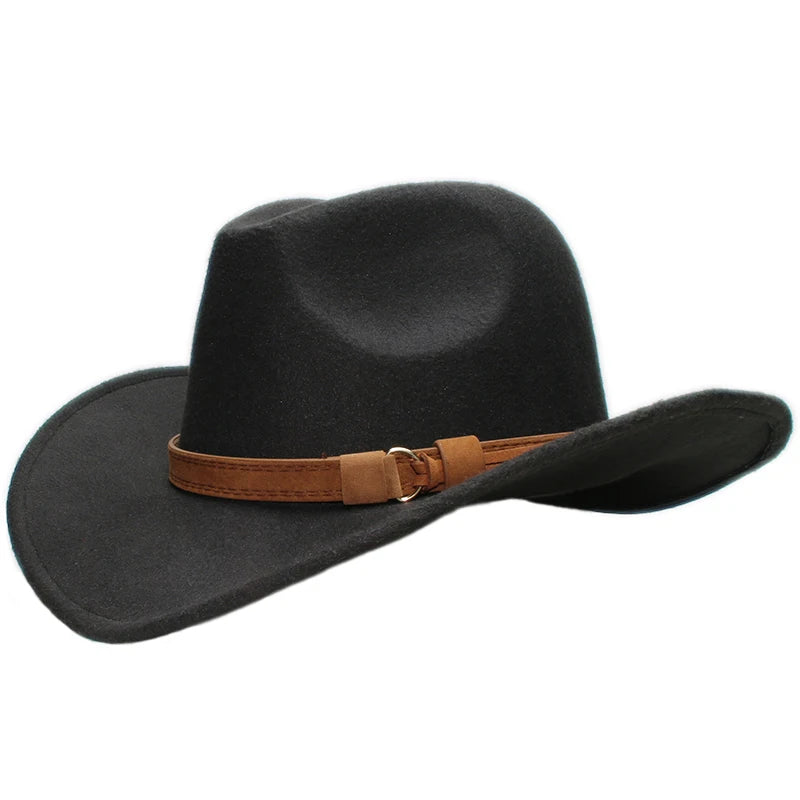Vintage cowboy wide brim hat by Ansoff featuring camel leather band, suitable for women, men, and kids, with a stylish western design.