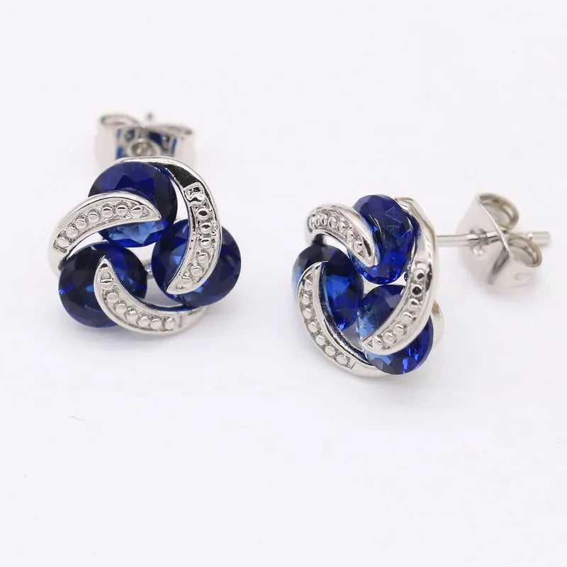 Silver Color Bridal Jewelry Sets For Women Round Dark Blue Crystal Bracelet Stud Earrings Necklace Pendant Rings Free Gift Box
