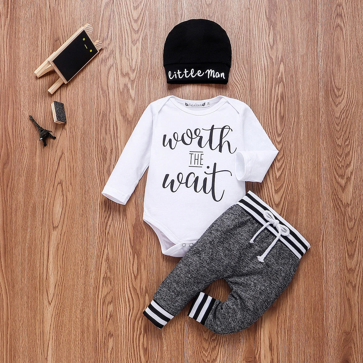 Ansoff newborn baby boy clothing set with long sleeve romper, pants, and hat in soft cotton for 0-18 months.