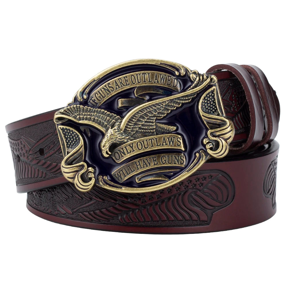 Will Have Guns American Eagle Buckle Fahsion Leather Belt Embossing for Men Cowboy