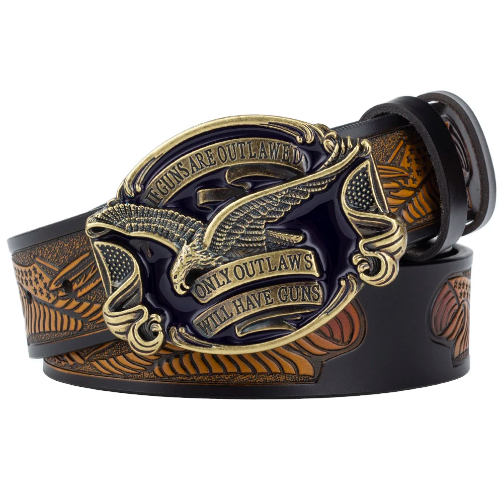 Will Have Guns American Eagle Buckle Fahsion Leather Belt Embossing for Men Cowboy