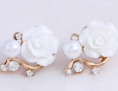 Gold rose pearl stud earrings for women by Ansoff, featuring elegant pearl design and classic jewelry style.