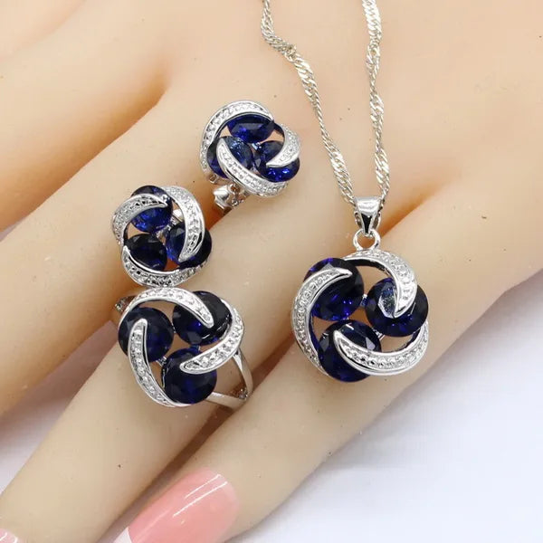 Silver Color Bridal Jewelry Sets For Women Round Dark Blue Crystal Bracelet Stud Earrings Necklace Pendant Rings Free Gift Box