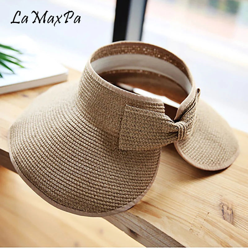 Ansoff LaMaxPa women's summer straw visor hat with wide brim, foldable design, UV protection, perfect for beach and sun protection.