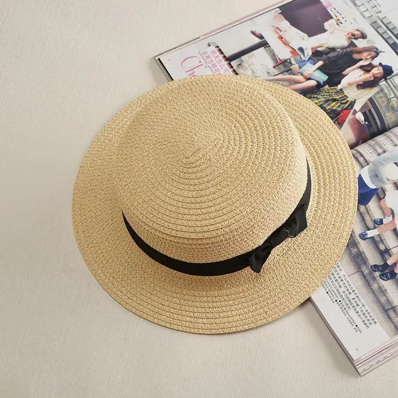 COKK Panama Simple Summer Beach Hat Female Casual Lady Women Flat Brim Bowknot Straw Cap Girls Sun Hat Chapeu Feminino