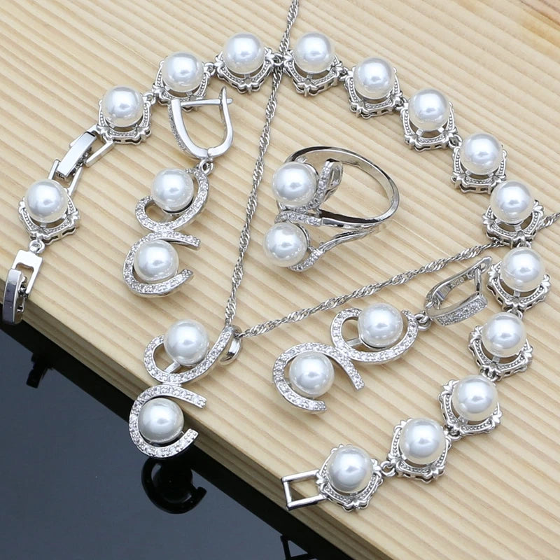 Black Pearl Silver 925 Jewelry Sets for Women Pearl Charm Bracelet Earrings Ring Necklace Sets for Wedding Party Birthday Gift