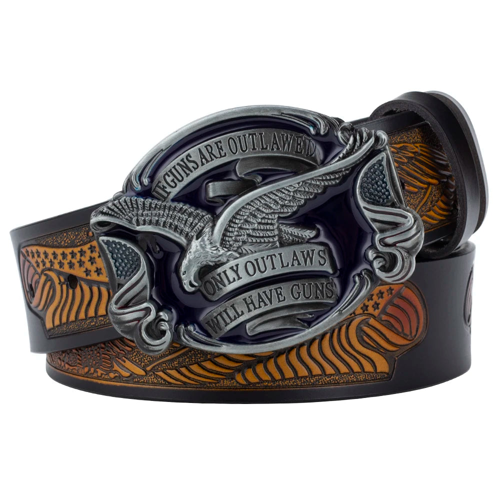 Will Have Guns American Eagle Buckle Fahsion Leather Belt Embossing for Men Cowboy