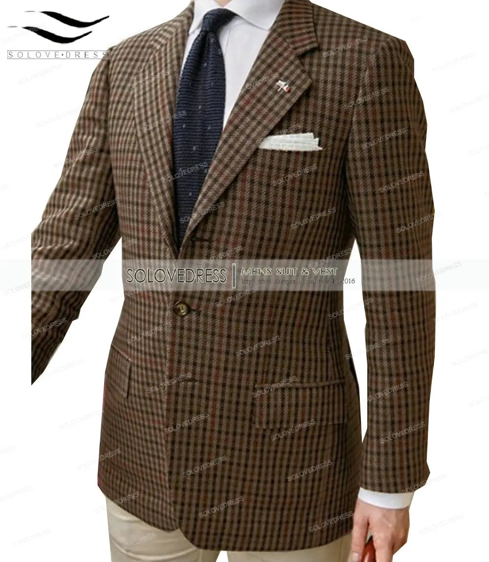 Ansoff men's formal suit featuring a brown plaid wool tweed design, tailored fit, suitable for weddings, business, and special occasions.
