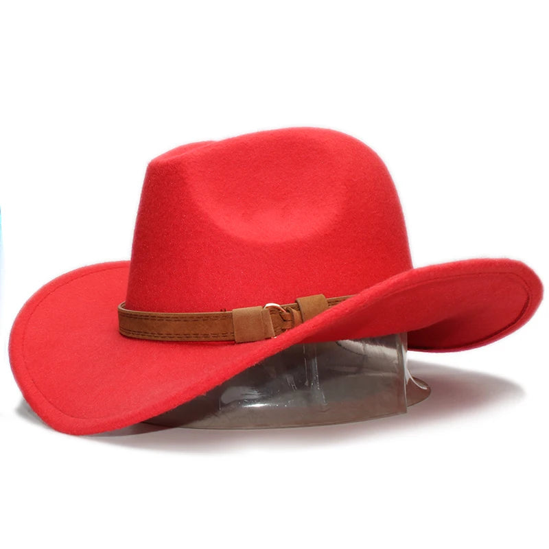 Vintage cowboy wide-brim Western hat for women and men with camel leather band, featuring a bowler style and wool material.