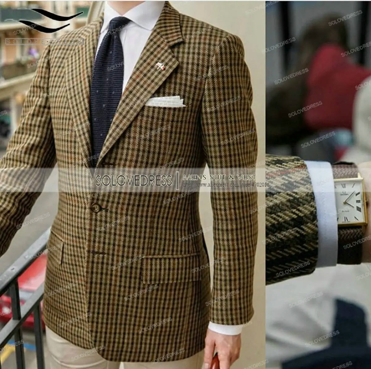 Ansoff men's formal suit in army green plaid wool tweed with a solid brown tuxedo style, suitable for weddings and business occasions.