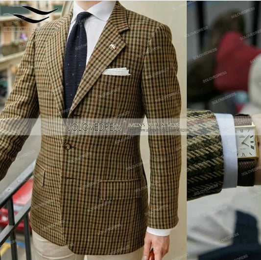 Ansoff men's formal suit in army green plaid wool tweed with a solid brown tuxedo style, suitable for weddings and business occasions.