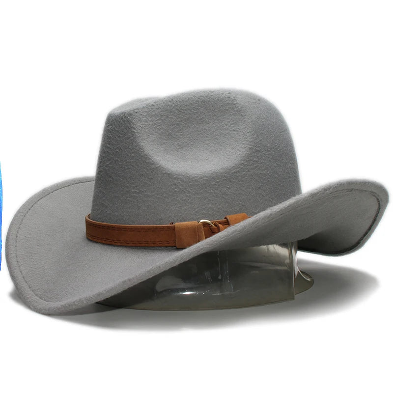Vintage cowboy hat by Ansoff with wide brim, camel leather band, suitable for women, men, and kids, featuring a bowler style design.