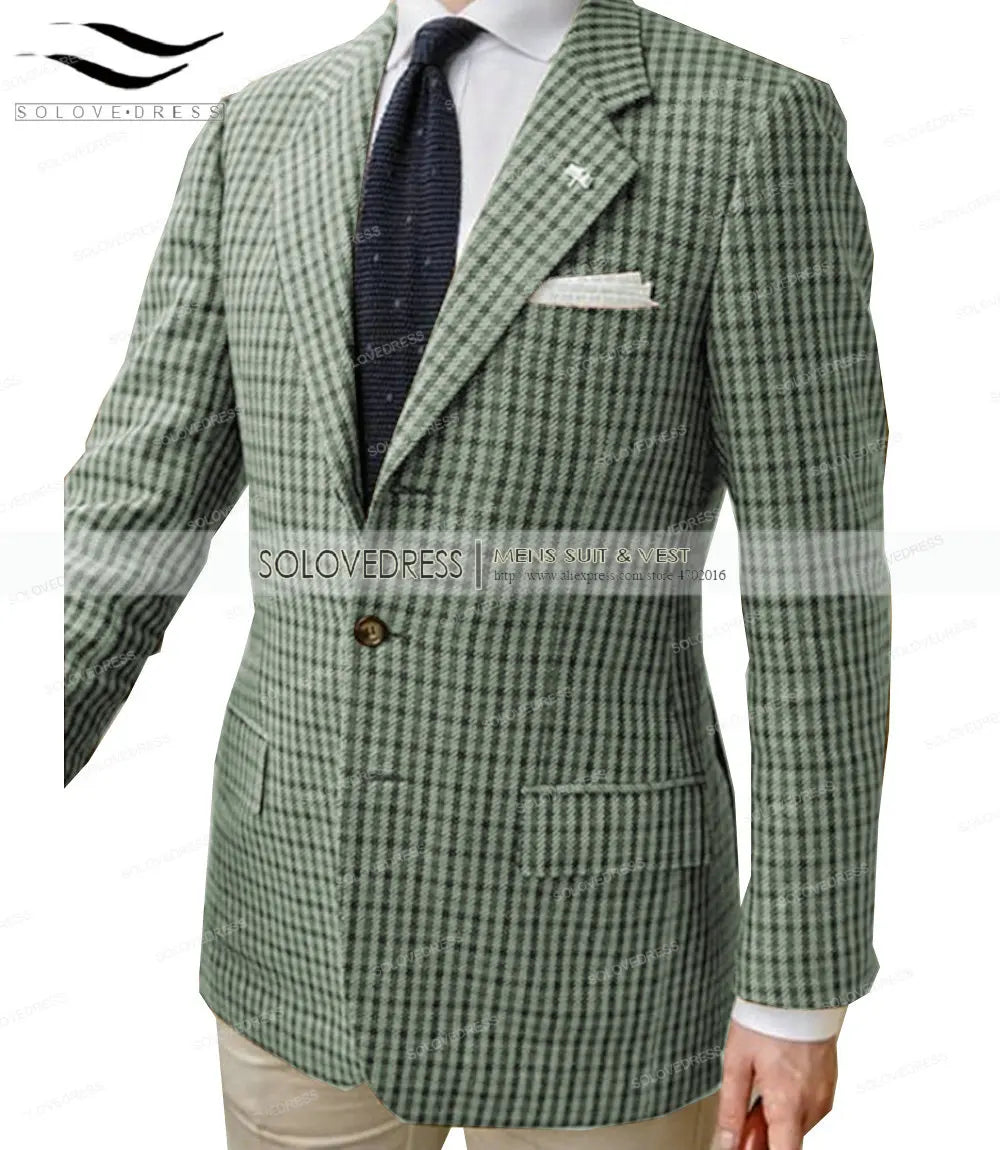 Ansoff men's formal plaid wool tweed suit in army green and brown, featuring a regular fit tuxedo for weddings and business events.