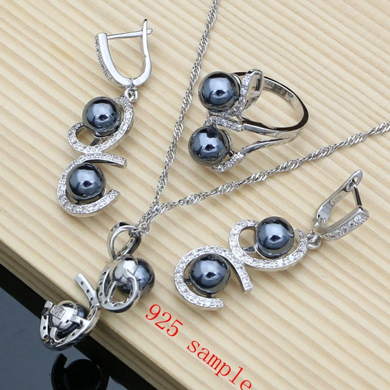 Black Pearl Silver 925 Jewelry Sets for Women Pearl Charm Bracelet Earrings Ring Necklace Sets for Wedding Party Birthday Gift