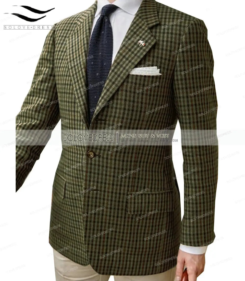 Ansoff men's formal suit with army green plaid wool tweed fabric, solid brown tuxedo style perfect for weddings and business occasions.