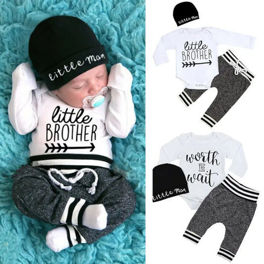 Ansoff newborn baby boy clothing set with long sleeve romper, pants, and hat in soft cotton, suitable for 0-18 months.