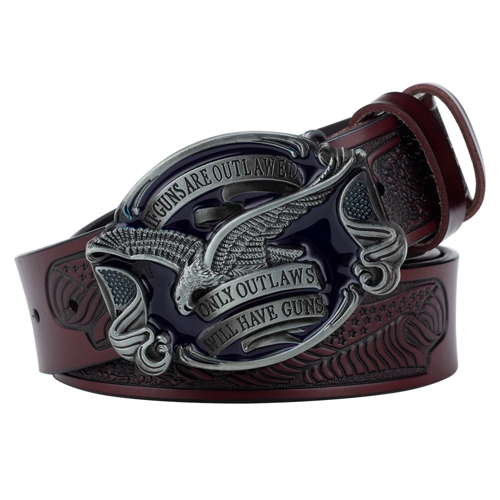 Will Have Guns American Eagle Buckle Fahsion Leather Belt Embossing for Men Cowboy