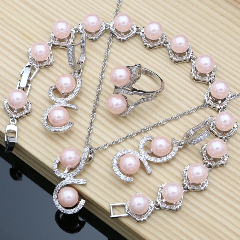 Black Pearl Silver 925 Jewelry Sets for Women Pearl Charm Bracelet Earrings Ring Necklace Sets for Wedding Party Birthday Gift