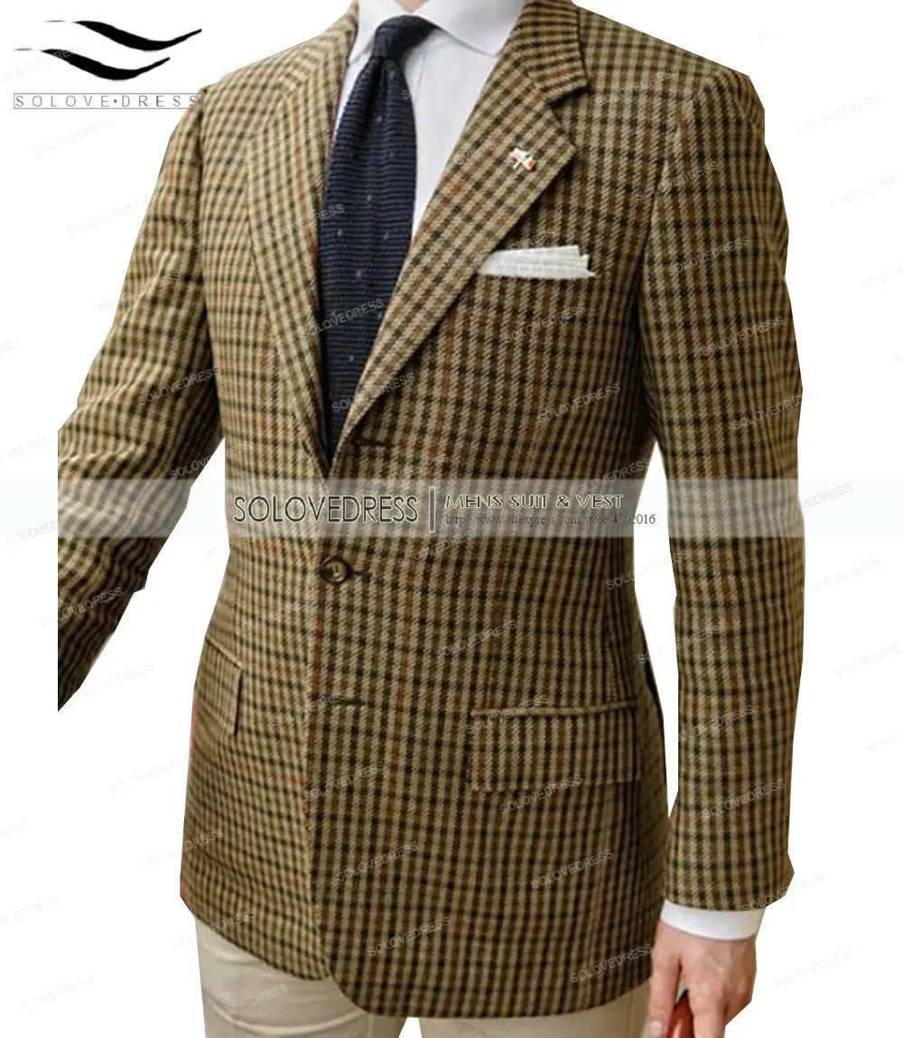 Ansoff men's formal suit featuring a plaid wool tweed fabric in army green, perfect for weddings, grooms, or business occasions.