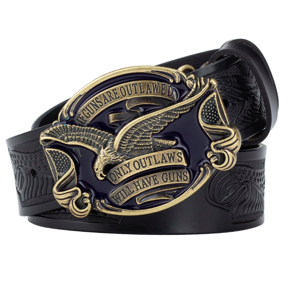 Will Have Guns American Eagle Buckle Fahsion Leather Belt Embossing for Men Cowboy